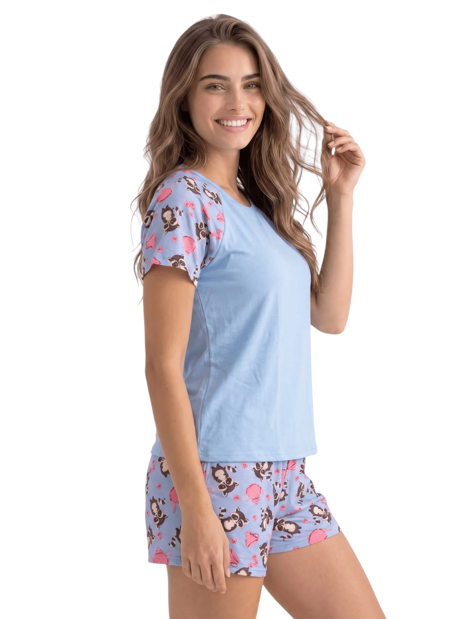 Pijama Curto Feminino Suede Manga Raglan Short Estampado Amanda
