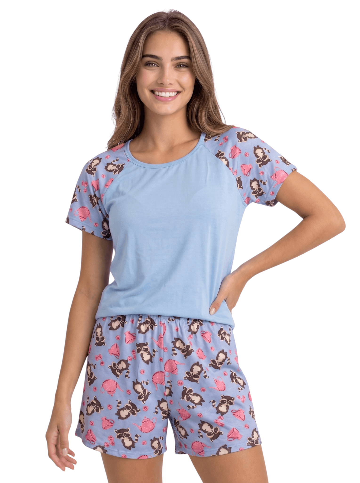 Pijama Curto Feminino Suede Manga Raglan Short Estampado Amanda