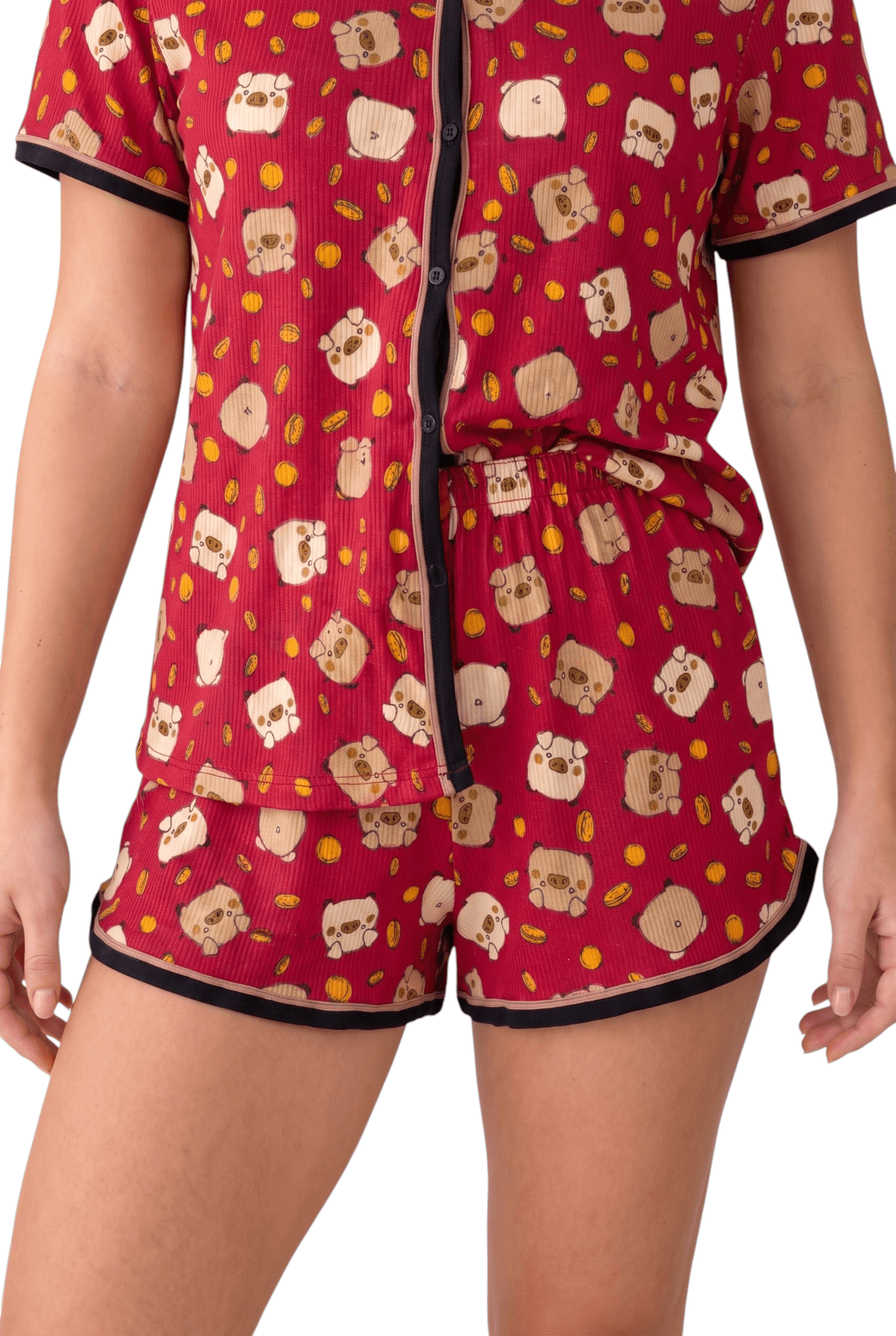 Pijama Curto Feminino Suede Canelado Estampado Manga Curta com Short Blogueira