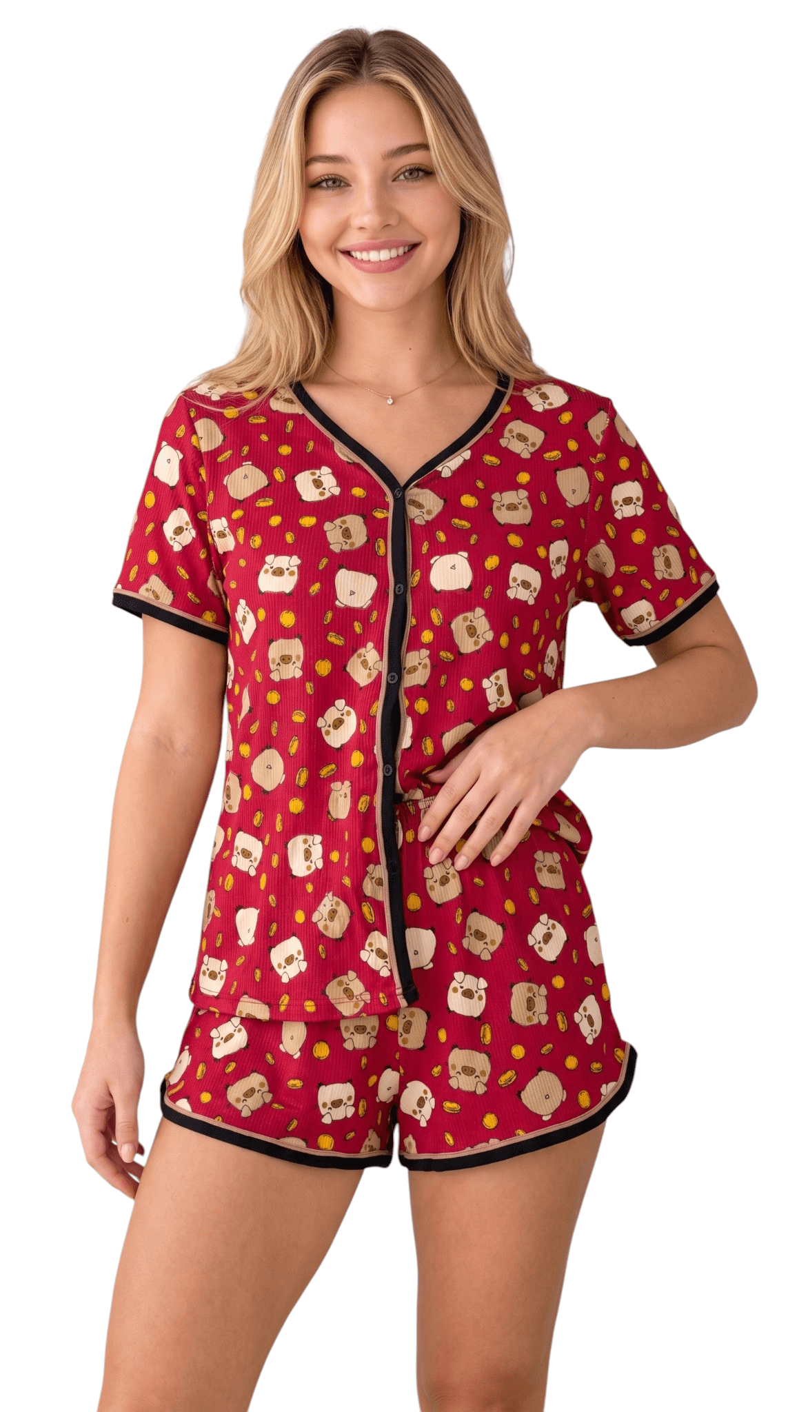 Pijama Curto Feminino Suede Canelado Estampado Manga Curta com Short Blogueira