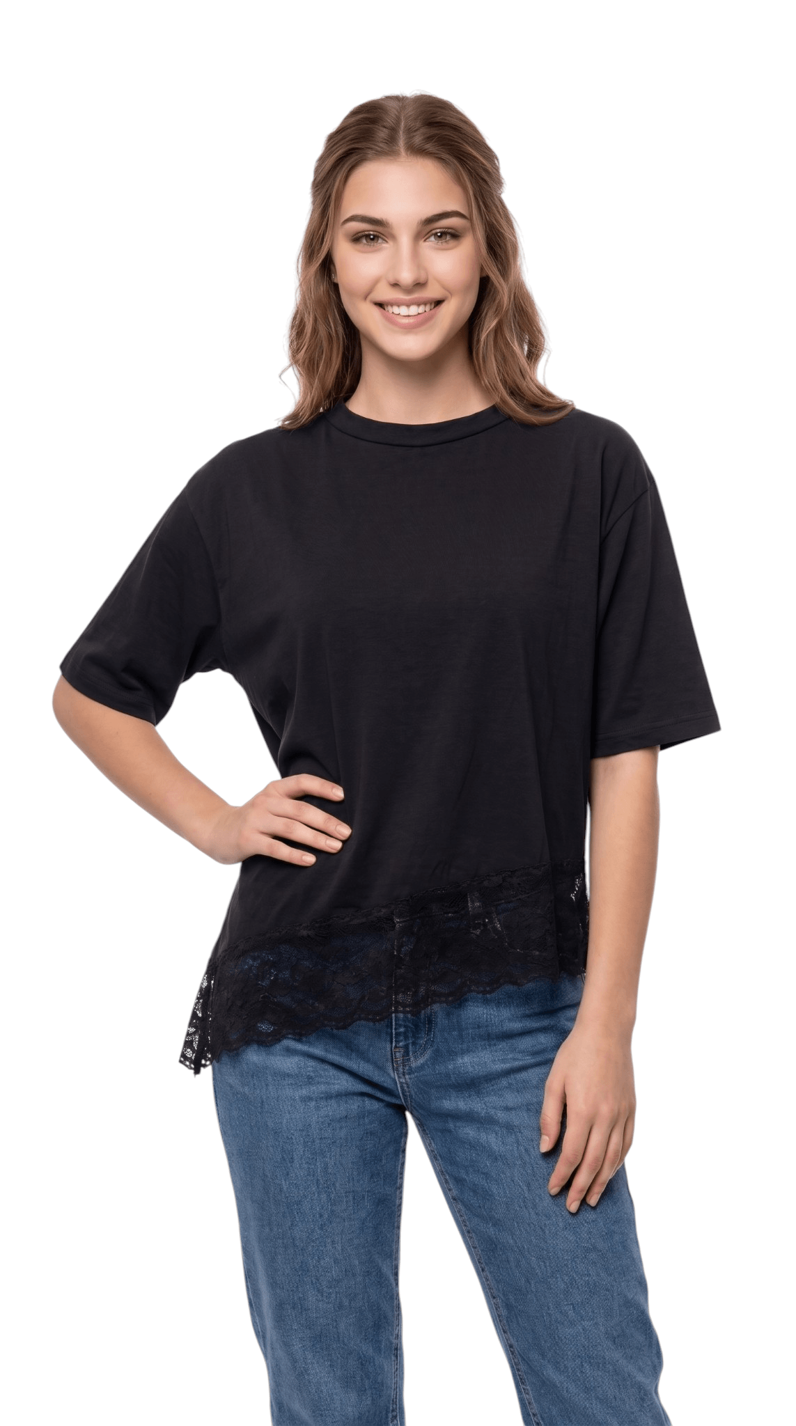 Blusa Feminina Suede Premium Barra Assimétrica Detalhe em Renda Manga Curta Larguinha M G e GG Casual