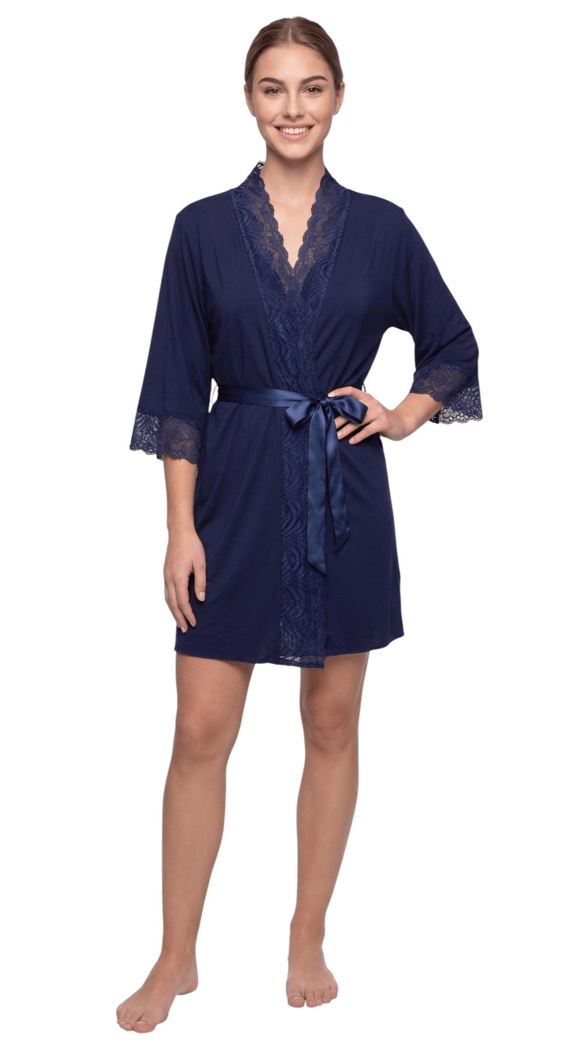 Kimono Robe Feminino Suede Renda Sensual Elegante Manga 3/4 - P M G GG