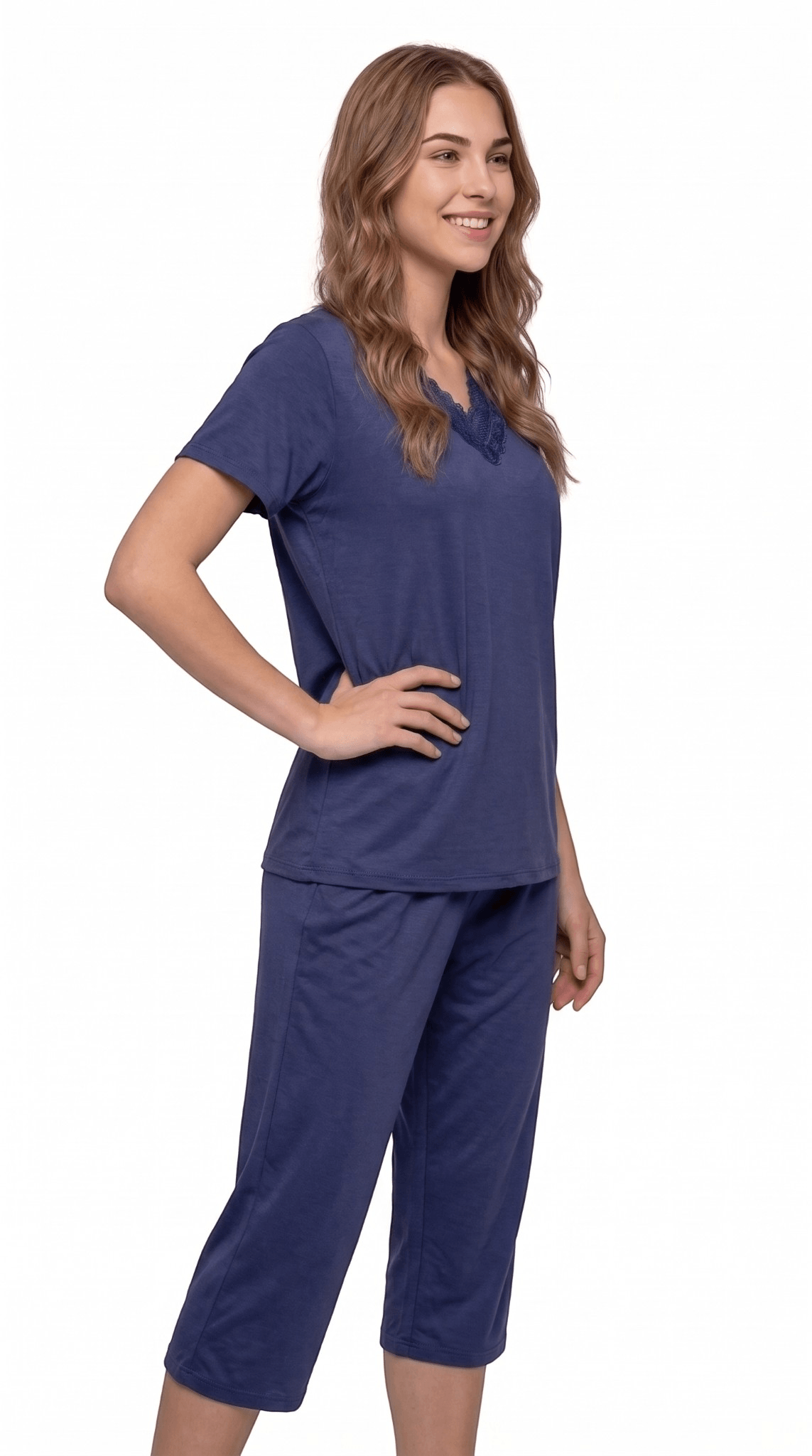 Pijama Curto Feminino Calça Pescador Renda Liso Verão Conforto