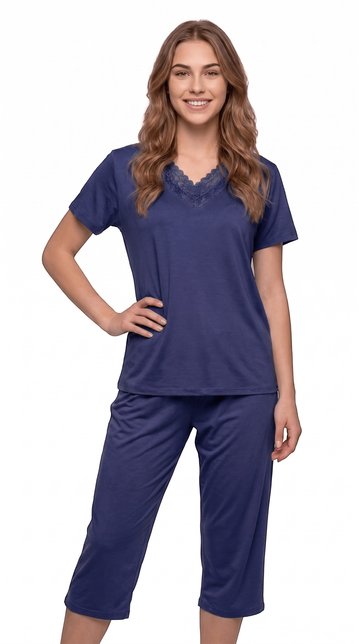 Pijama Curto Feminino Calça Pescador Renda Liso Verão Conforto