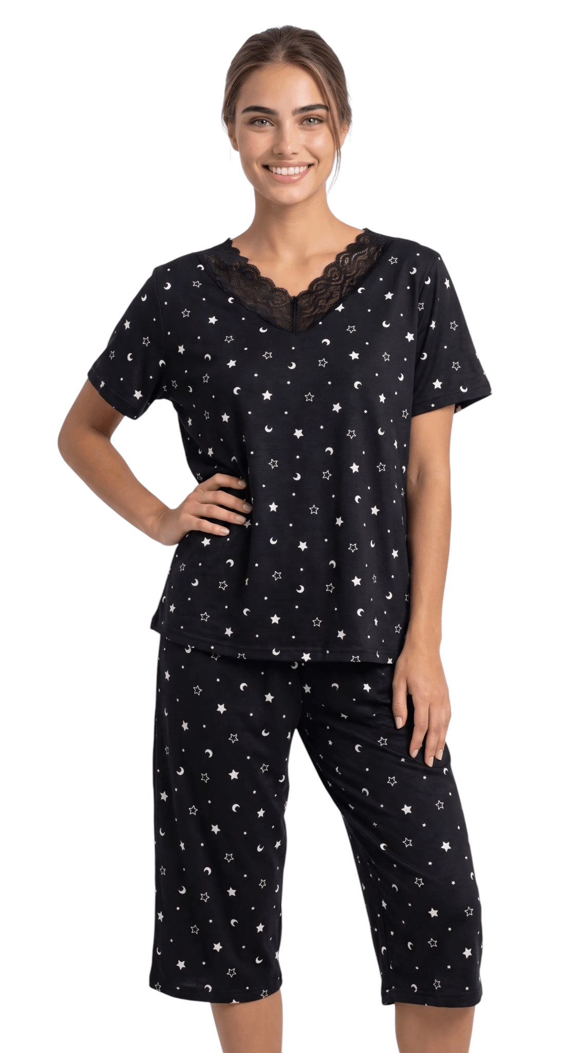 Conjunto Pijama Curto Feminino Pescador Estampado Blusa Renda Manga Curta Calça